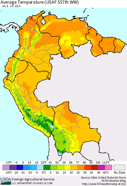 Northern South America Average Temperature (USAF 557th WW) Thematic Map For 7/8/2019 - 7/14/2019