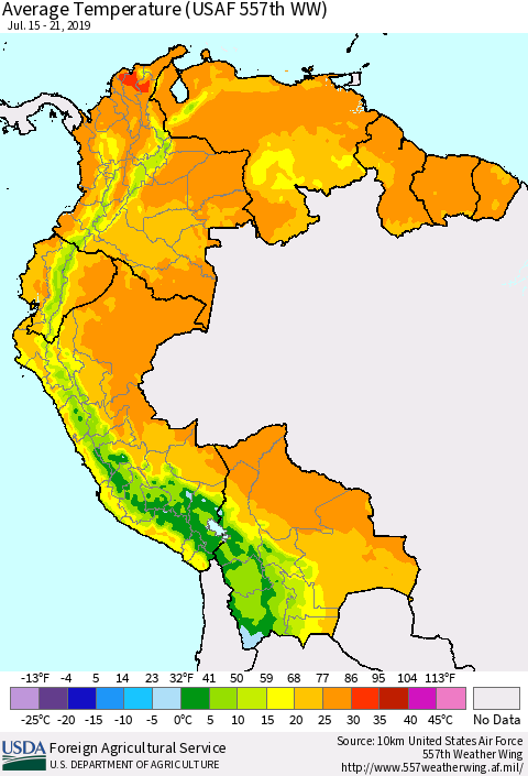 Northern South America Average Temperature (USAF 557th WW) Thematic Map For 7/15/2019 - 7/21/2019