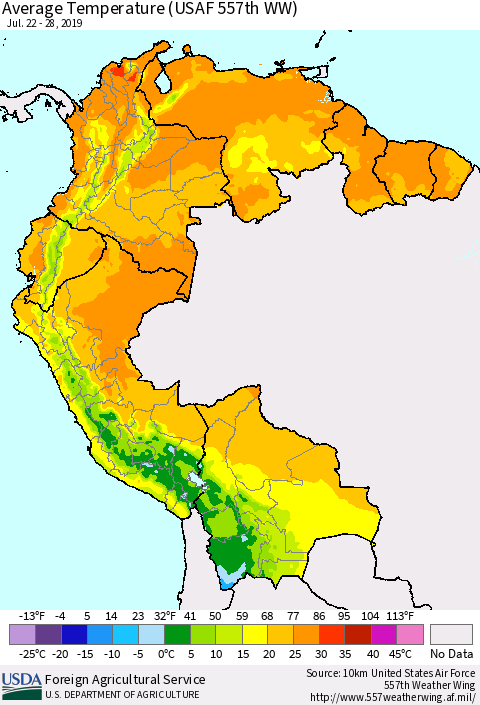 Northern South America Average Temperature (USAF 557th WW) Thematic Map For 7/22/2019 - 7/28/2019