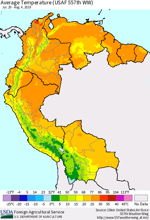 Northern South America Average Temperature (USAF 557th WW) Thematic Map For 7/29/2019 - 8/4/2019