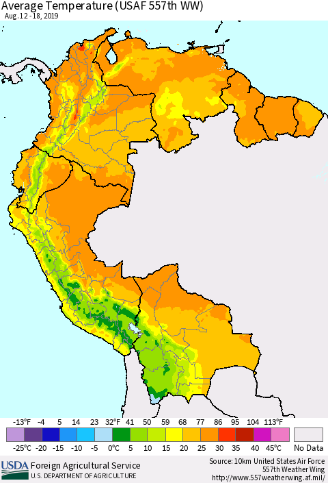 Northern South America Average Temperature (USAF 557th WW) Thematic Map For 8/12/2019 - 8/18/2019