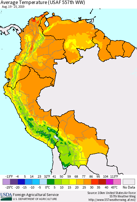 Northern South America Average Temperature (USAF 557th WW) Thematic Map For 8/19/2019 - 8/25/2019