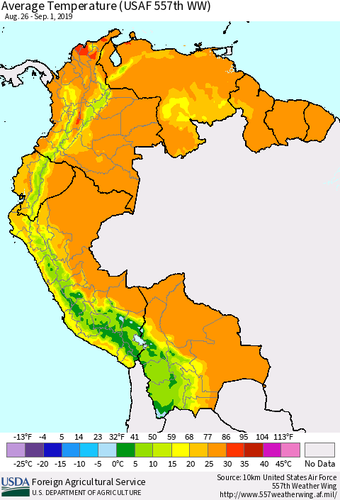 Northern South America Average Temperature (USAF 557th WW) Thematic Map For 8/26/2019 - 9/1/2019