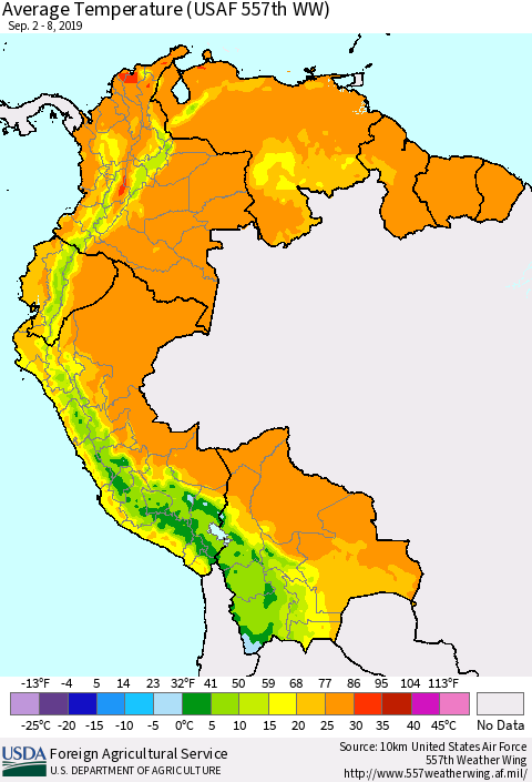 Northern South America Average Temperature (USAF 557th WW) Thematic Map For 9/2/2019 - 9/8/2019