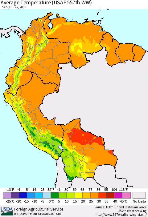 Northern South America Average Temperature (USAF 557th WW) Thematic Map For 9/16/2019 - 9/22/2019