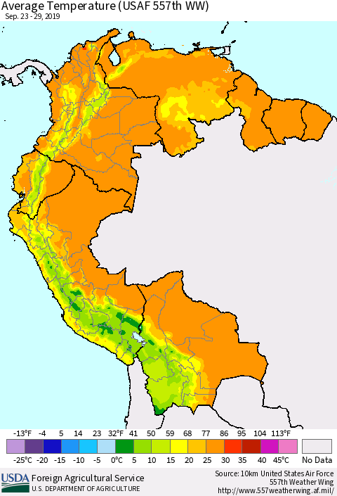 Northern South America Average Temperature (USAF 557th WW) Thematic Map For 9/23/2019 - 9/29/2019