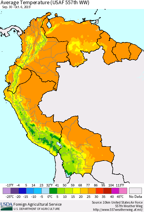 Northern South America Average Temperature (USAF 557th WW) Thematic Map For 9/30/2019 - 10/6/2019