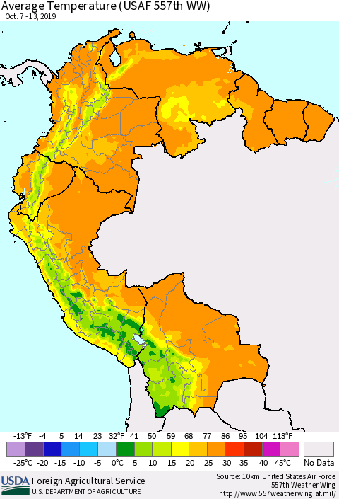 Northern South America Average Temperature (USAF 557th WW) Thematic Map For 10/7/2019 - 10/13/2019