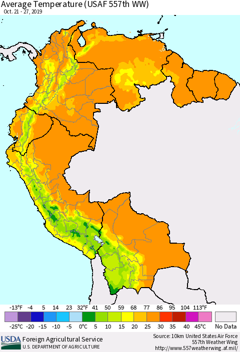 Northern South America Average Temperature (USAF 557th WW) Thematic Map For 10/21/2019 - 10/27/2019