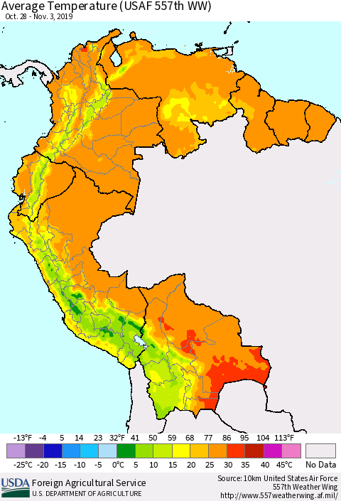 Northern South America Average Temperature (USAF 557th WW) Thematic Map For 10/28/2019 - 11/3/2019