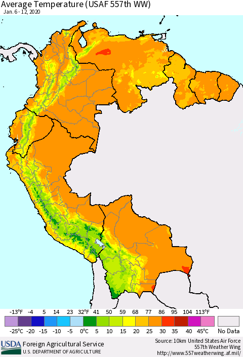 Northern South America Average Temperature (USAF 557th WW) Thematic Map For 1/6/2020 - 1/12/2020