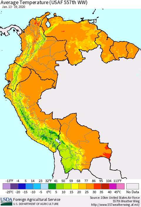 Northern South America Average Temperature (USAF 557th WW) Thematic Map For 1/13/2020 - 1/19/2020