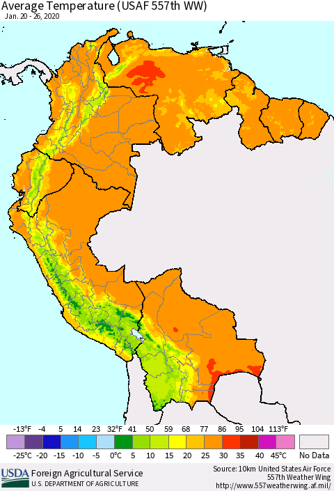 Northern South America Average Temperature (USAF 557th WW) Thematic Map For 1/20/2020 - 1/26/2020