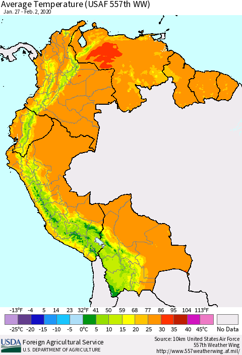 Northern South America Average Temperature (USAF 557th WW) Thematic Map For 1/27/2020 - 2/2/2020