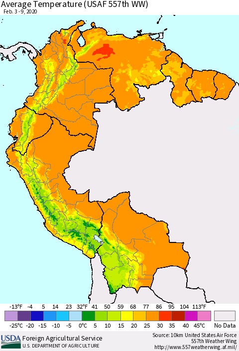 Northern South America Average Temperature (USAF 557th WW) Thematic Map For 2/3/2020 - 2/9/2020