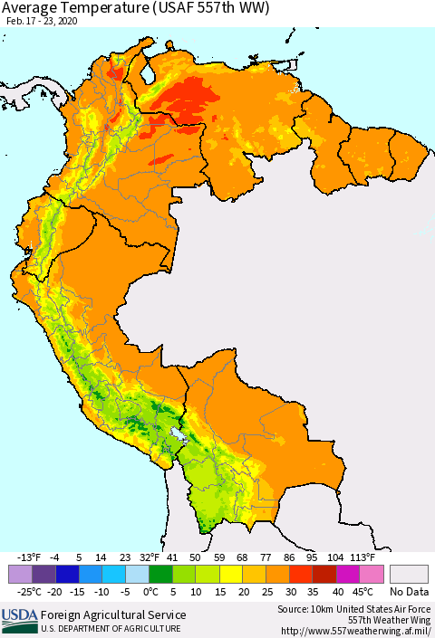Northern South America Average Temperature (USAF 557th WW) Thematic Map For 2/17/2020 - 2/23/2020