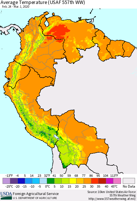 Northern South America Average Temperature (USAF 557th WW) Thematic Map For 2/24/2020 - 3/1/2020