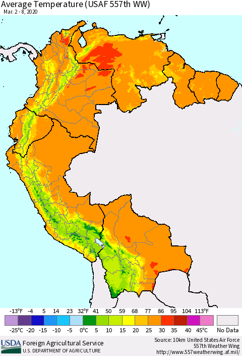 Northern South America Average Temperature (USAF 557th WW) Thematic Map For 3/2/2020 - 3/8/2020