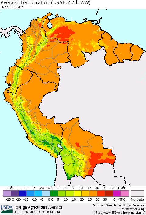 Northern South America Average Temperature (USAF 557th WW) Thematic Map For 3/9/2020 - 3/15/2020