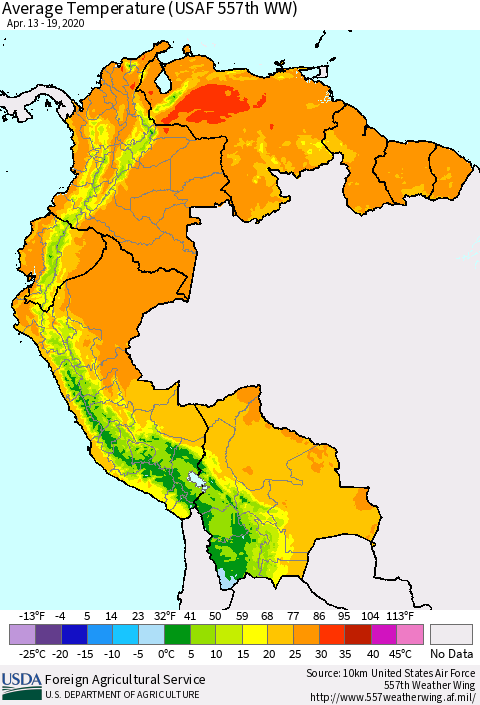 Northern South America Average Temperature (USAF 557th WW) Thematic Map For 4/13/2020 - 4/19/2020
