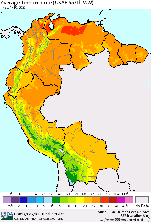 Northern South America Average Temperature (USAF 557th WW) Thematic Map For 5/4/2020 - 5/10/2020