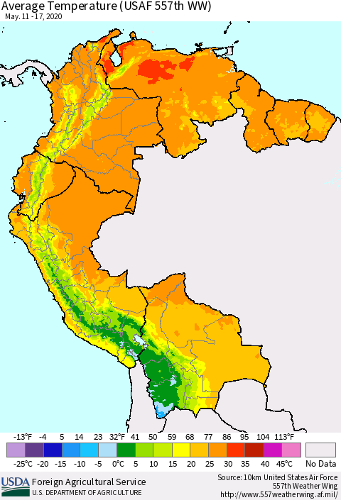 Northern South America Average Temperature (USAF 557th WW) Thematic Map For 5/11/2020 - 5/17/2020