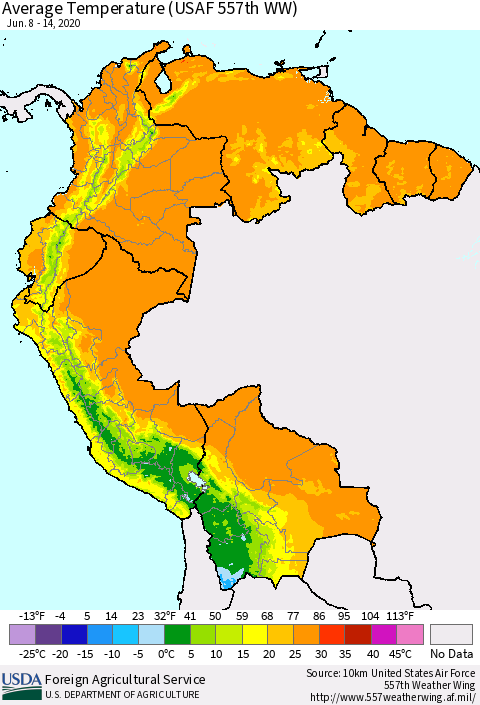 Northern South America Average Temperature (USAF 557th WW) Thematic Map For 6/8/2020 - 6/14/2020