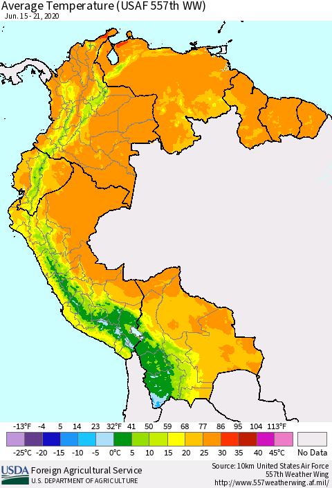 Northern South America Average Temperature (USAF 557th WW) Thematic Map For 6/15/2020 - 6/21/2020