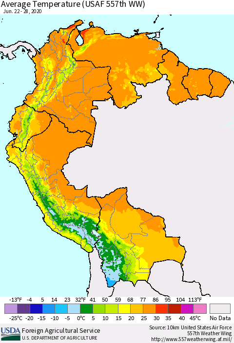 Northern South America Average Temperature (USAF 557th WW) Thematic Map For 6/22/2020 - 6/28/2020