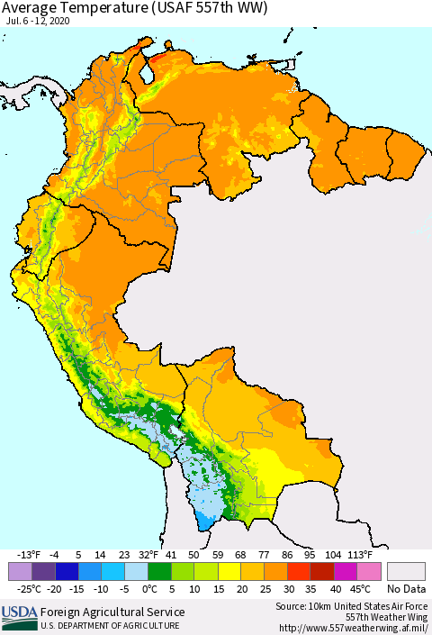 Northern South America Average Temperature (USAF 557th WW) Thematic Map For 7/6/2020 - 7/12/2020