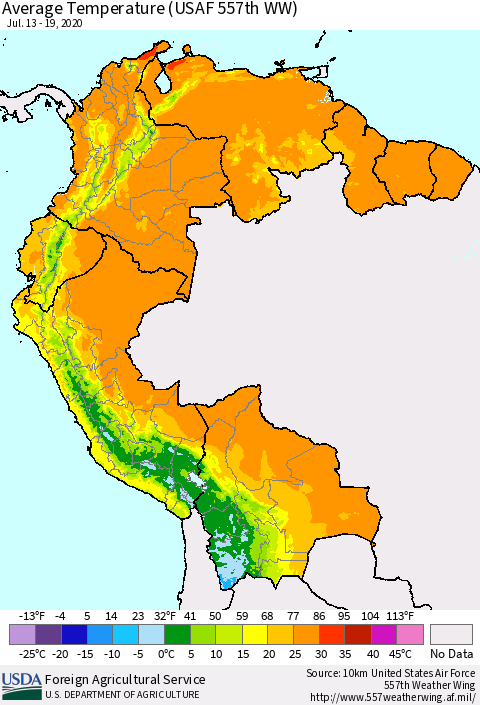 Northern South America Average Temperature (USAF 557th WW) Thematic Map For 7/13/2020 - 7/19/2020
