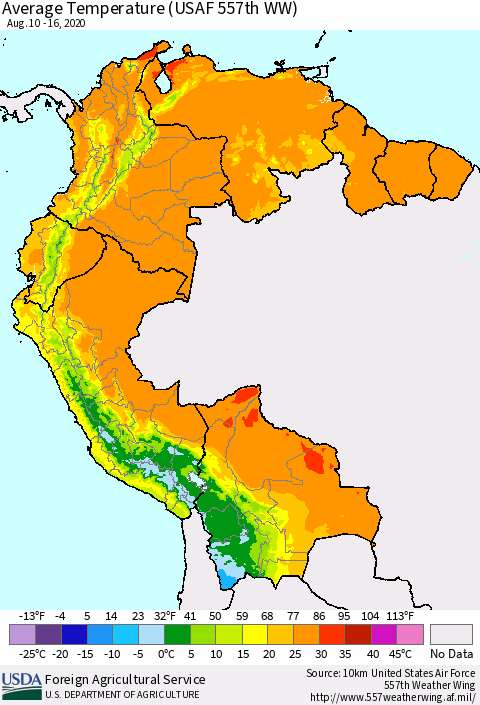 Northern South America Average Temperature (USAF 557th WW) Thematic Map For 8/10/2020 - 8/16/2020