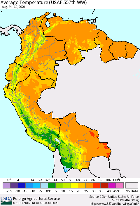 Northern South America Average Temperature (USAF 557th WW) Thematic Map For 8/24/2020 - 8/30/2020