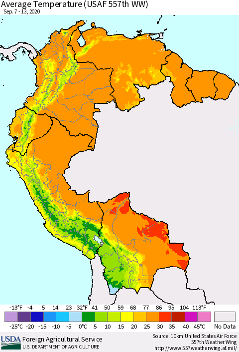 Northern South America Average Temperature (USAF 557th WW) Thematic Map For 9/7/2020 - 9/13/2020
