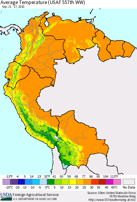 Northern South America Average Temperature (USAF 557th WW) Thematic Map For 9/21/2020 - 9/27/2020