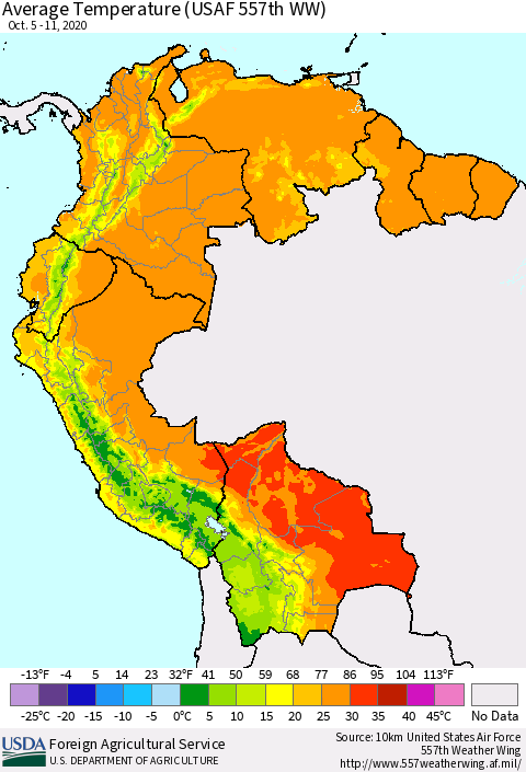Northern South America Average Temperature (USAF 557th WW) Thematic Map For 10/5/2020 - 10/11/2020