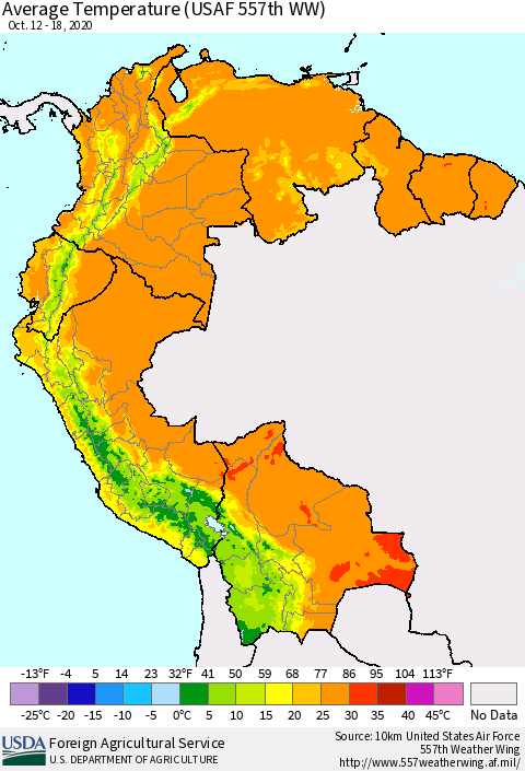 Northern South America Average Temperature (USAF 557th WW) Thematic Map For 10/12/2020 - 10/18/2020