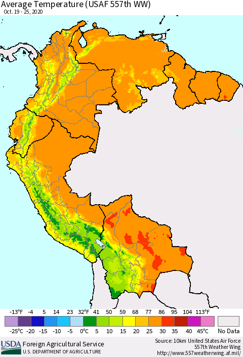 Northern South America Average Temperature (USAF 557th WW) Thematic Map For 10/19/2020 - 10/25/2020