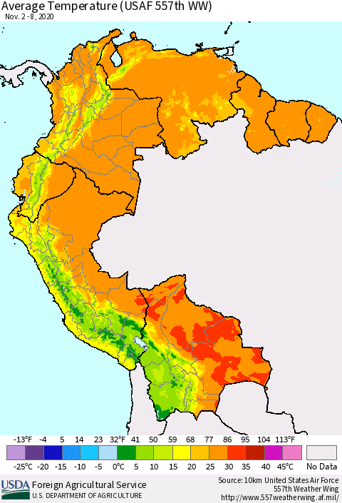 Northern South America Average Temperature (USAF 557th WW) Thematic Map For 11/2/2020 - 11/8/2020
