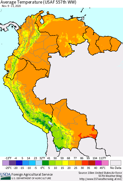 Northern South America Average Temperature (USAF 557th WW) Thematic Map For 11/9/2020 - 11/15/2020
