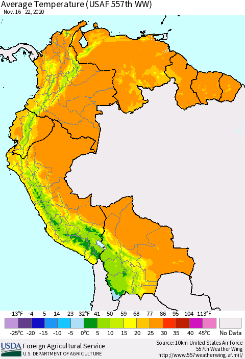 Northern South America Average Temperature (USAF 557th WW) Thematic Map For 11/16/2020 - 11/22/2020