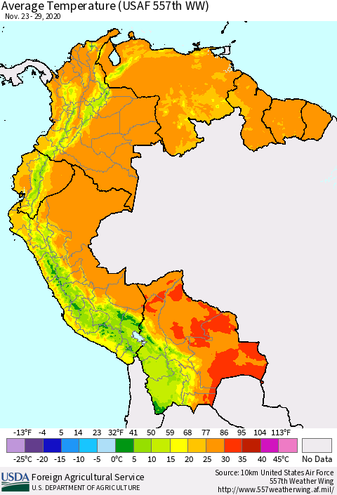 Northern South America Average Temperature (USAF 557th WW) Thematic Map For 11/23/2020 - 11/29/2020
