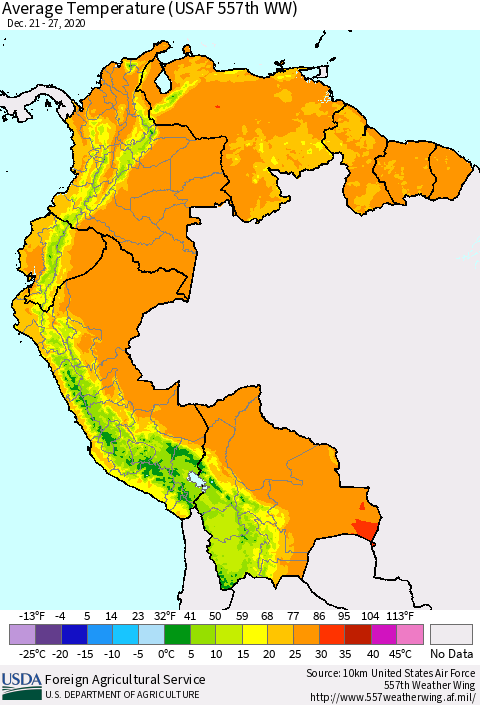 Northern South America Average Temperature (USAF 557th WW) Thematic Map For 12/21/2020 - 12/27/2020