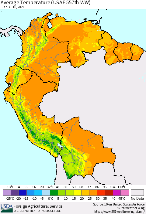 Northern South America Average Temperature (USAF 557th WW) Thematic Map For 1/4/2021 - 1/10/2021