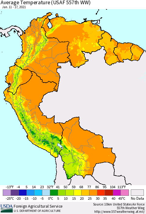 Northern South America Average Temperature (USAF 557th WW) Thematic Map For 1/11/2021 - 1/17/2021