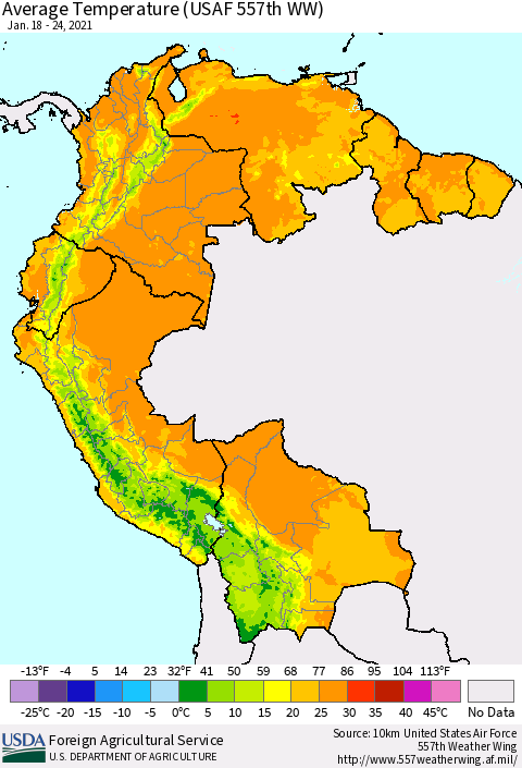 Northern South America Average Temperature (USAF 557th WW) Thematic Map For 1/18/2021 - 1/24/2021