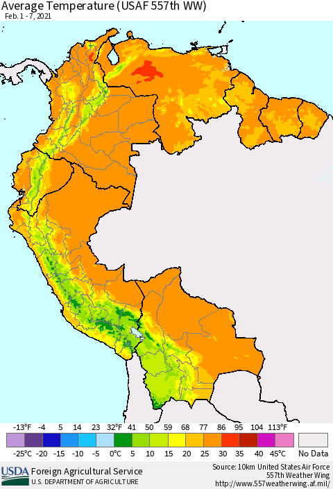 Northern South America Average Temperature (USAF 557th WW) Thematic Map For 2/1/2021 - 2/7/2021