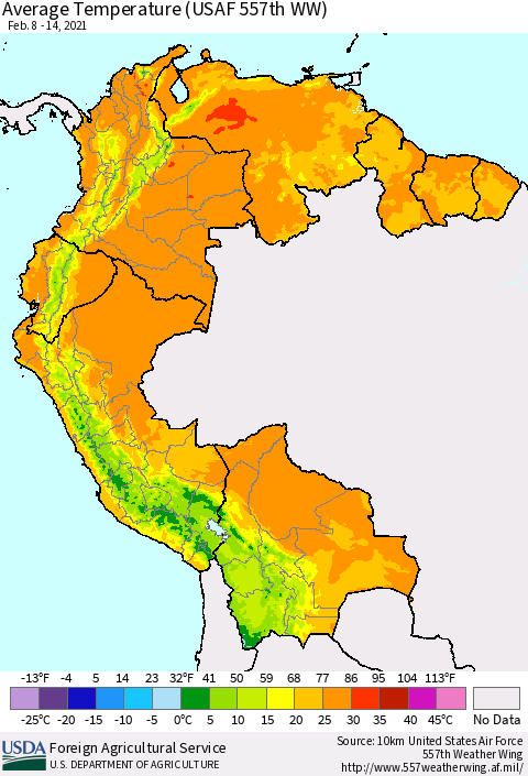Northern South America Average Temperature (USAF 557th WW) Thematic Map For 2/8/2021 - 2/14/2021