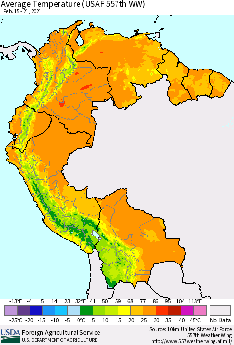 Northern South America Average Temperature (USAF 557th WW) Thematic Map For 2/15/2021 - 2/21/2021