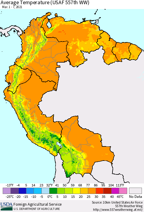 Northern South America Average Temperature (USAF 557th WW) Thematic Map For 3/1/2021 - 3/7/2021